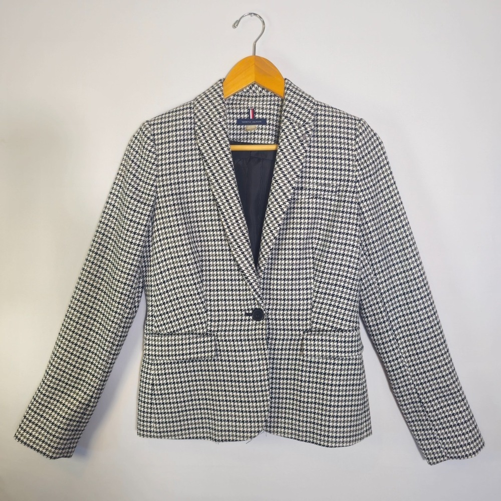 Tommy Hilfiger Blazer Womens 0 White Houndstooth Peak Lapel Elbow Patch Business